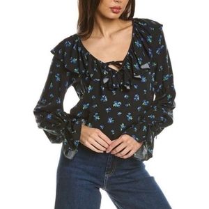 WeWoreWhat Floral Ruffle Blouse Watercolor Ditsy floral black blue Sz S
